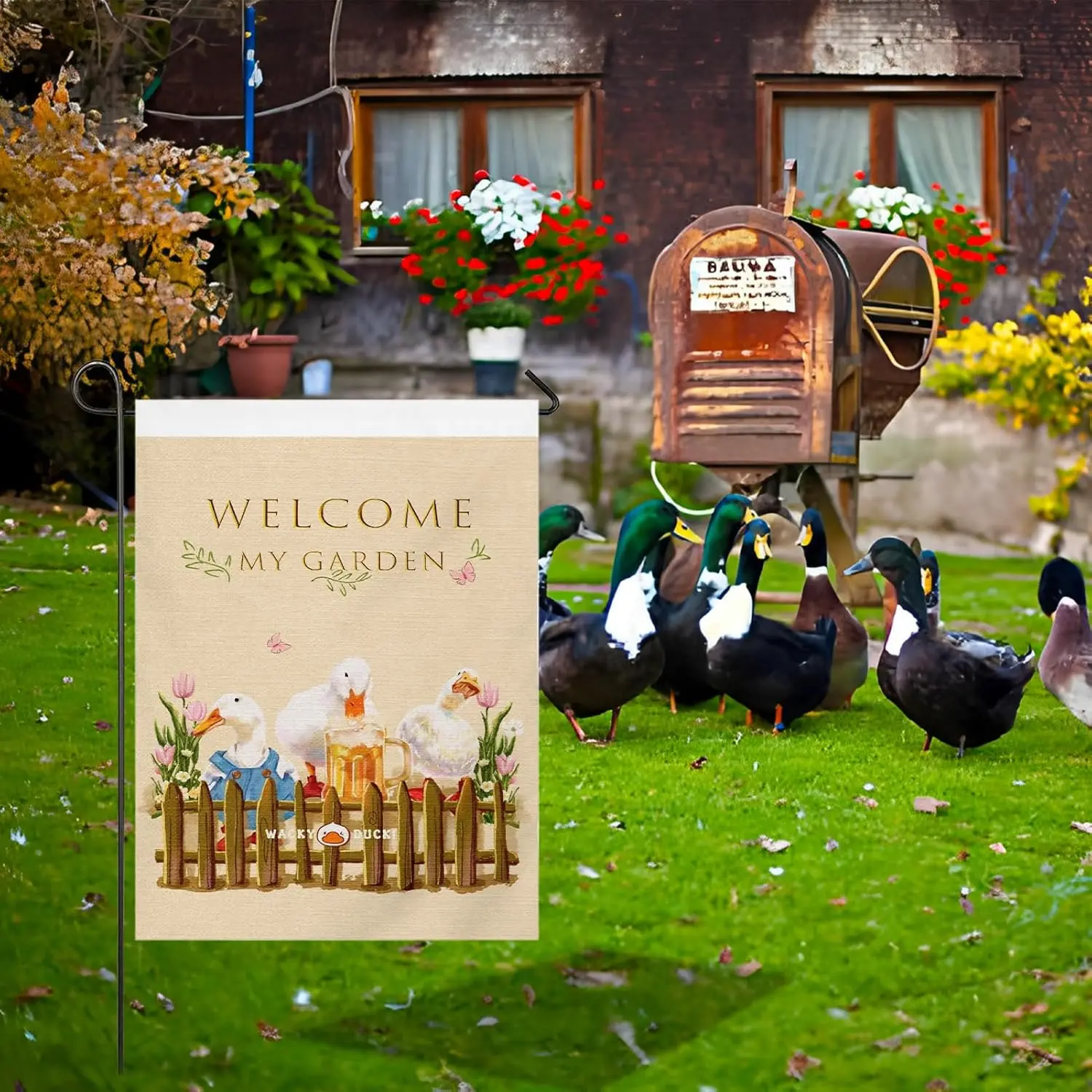 Funny Garden Flag 12x18 Double Sided – Welcome Duck Yard Flag with Fence Animals for Outdoor Lawn Decor LLE WWL UUN