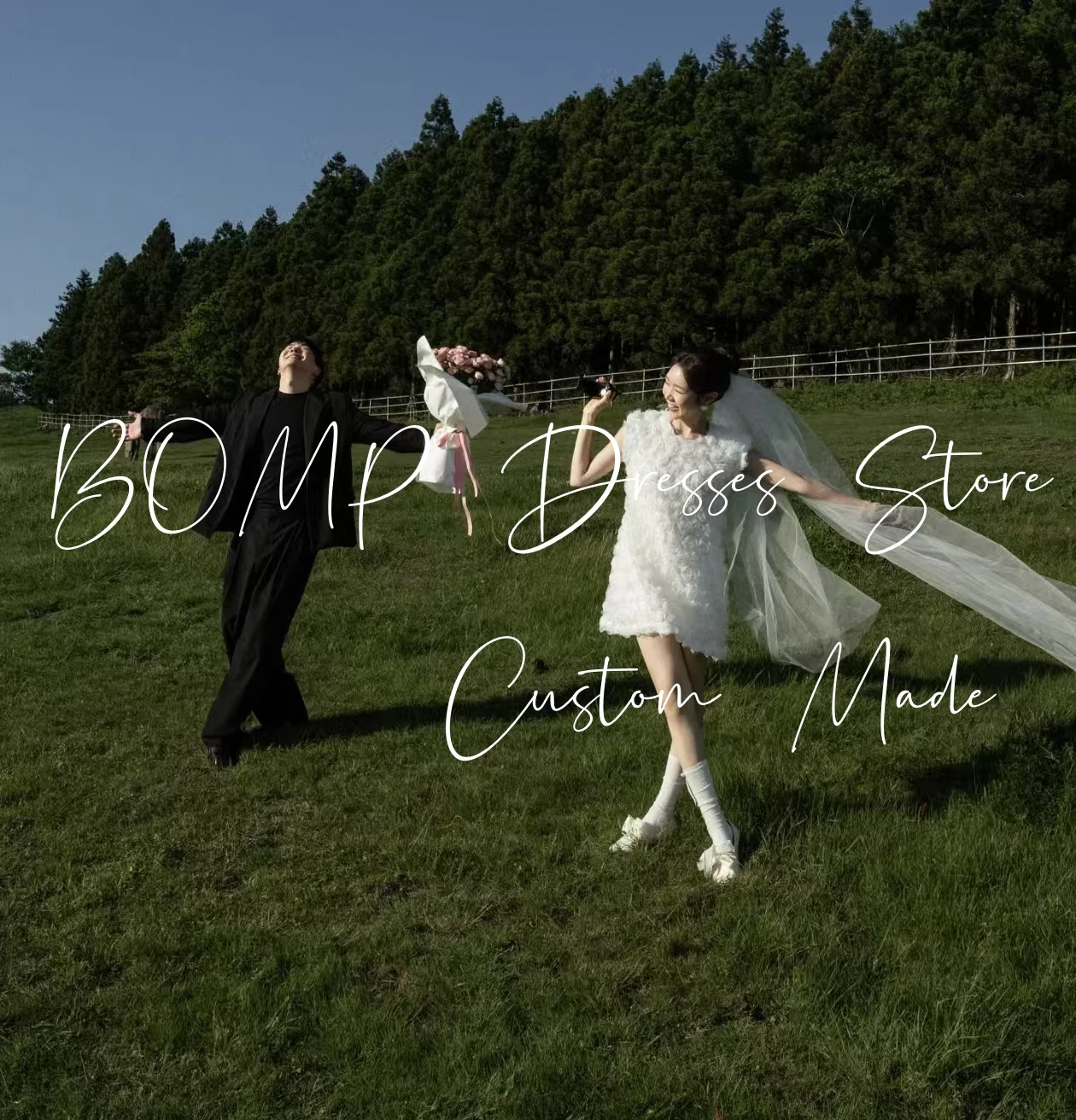 BOMP Sweet Flowers Wedding Party Short Dress O-Neck A-Line White Tulle Korea Photo Shoot Bridal Reception Gown Customized