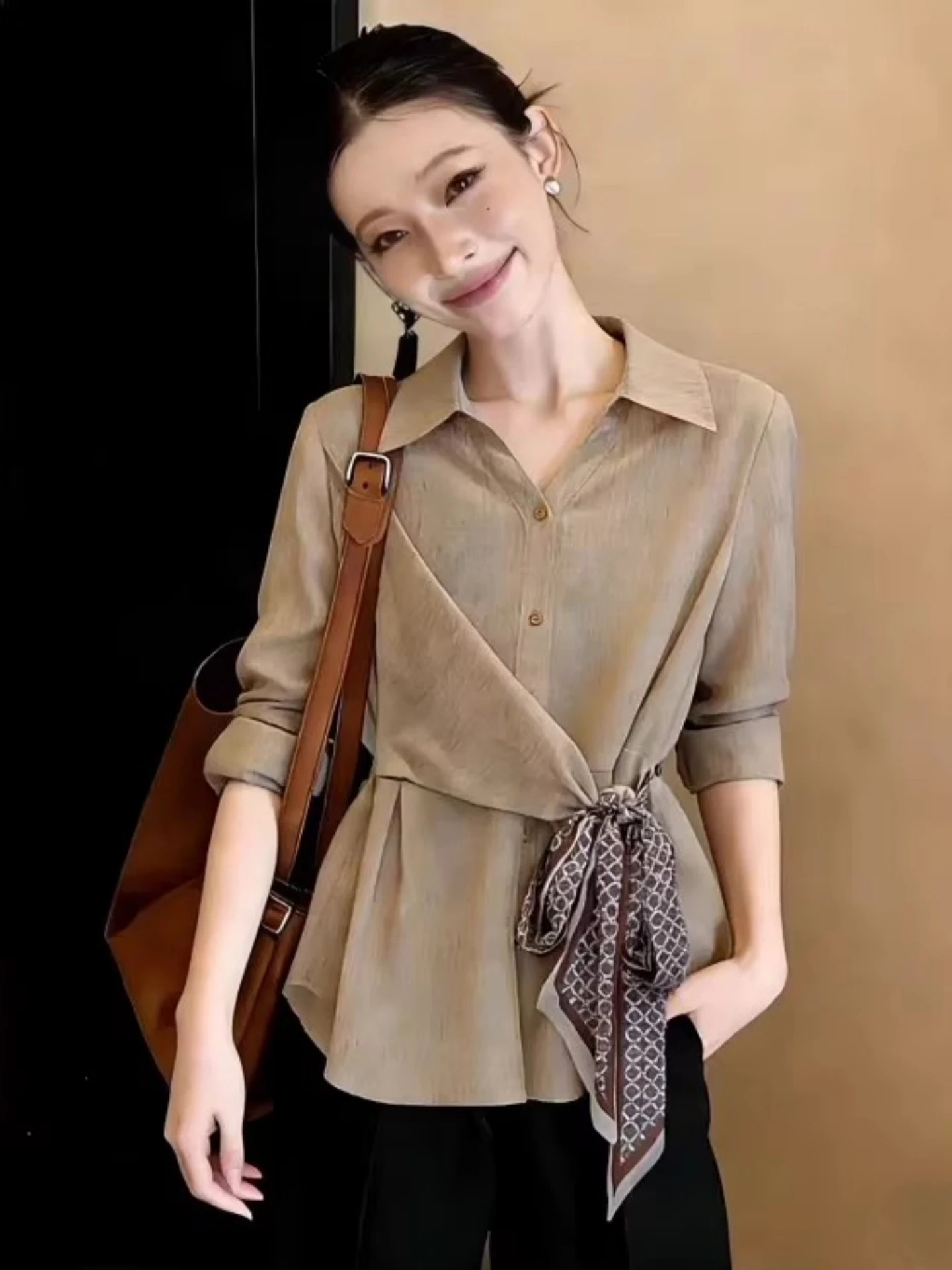 

Women's Long Sleeve Collar Base Shirt Spring Autumn plus Size Design Sense Belt Waist Slimming Top Commute Style