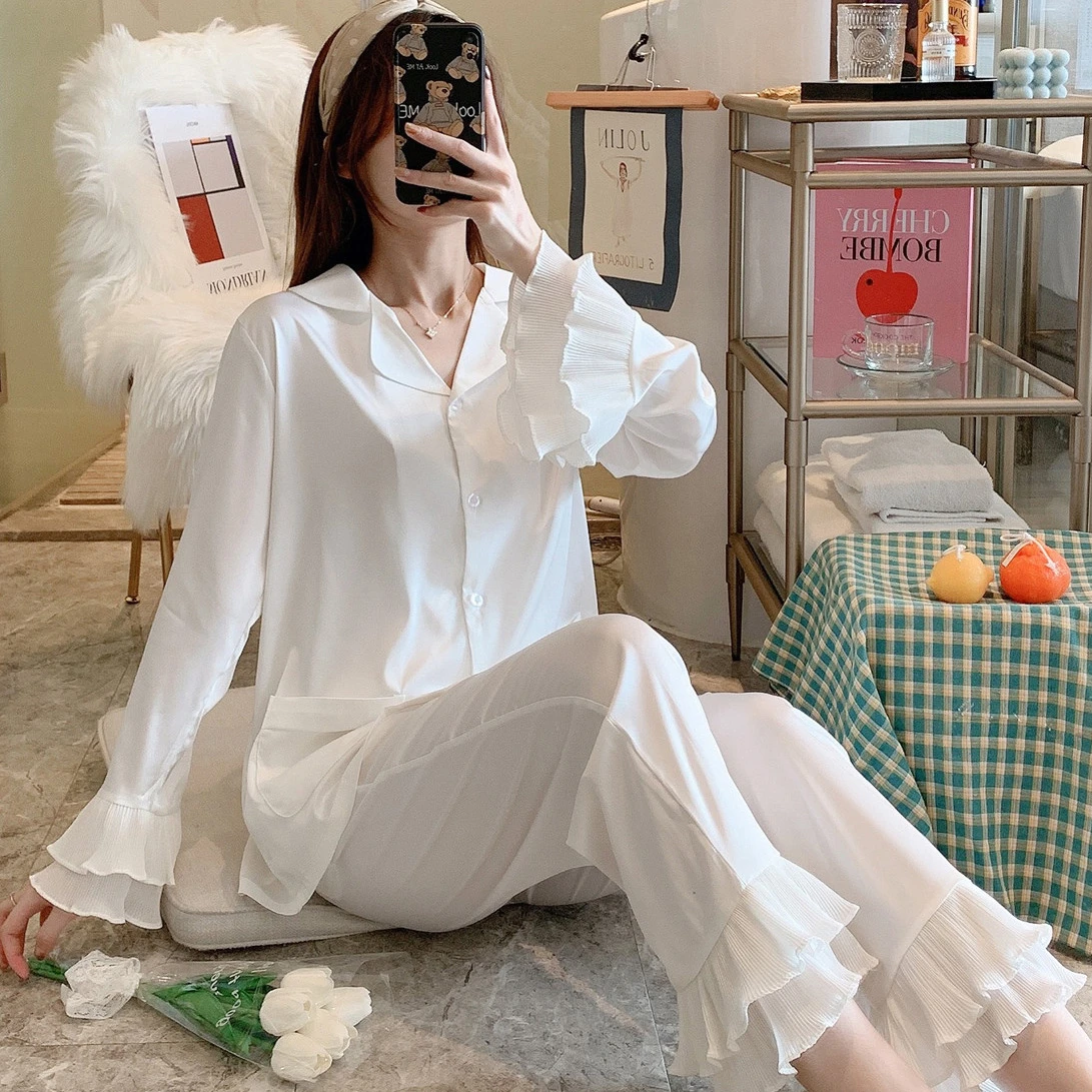 

Pajama Sets Valentines Day Cute Printed Women European Design Cashmere Loungewear Long Sleeve Collar Full Length Winter Thermal