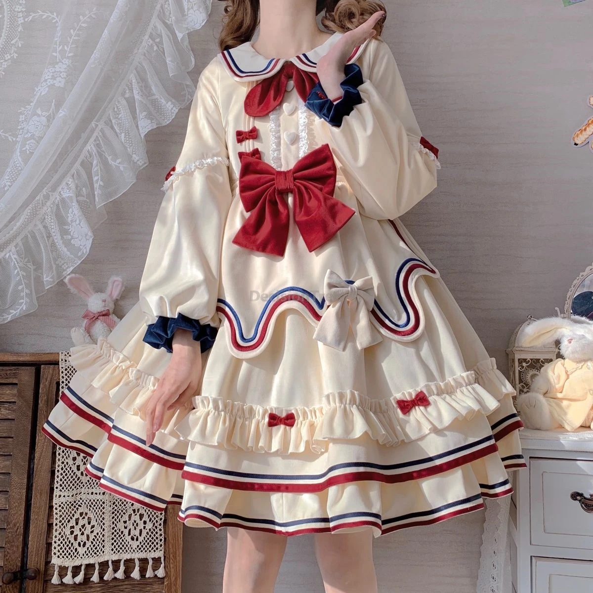 

2025 lolita improved daily wearing sweet rabbit ice cream style pompon dress autumn winter embroideried cute lolita dress