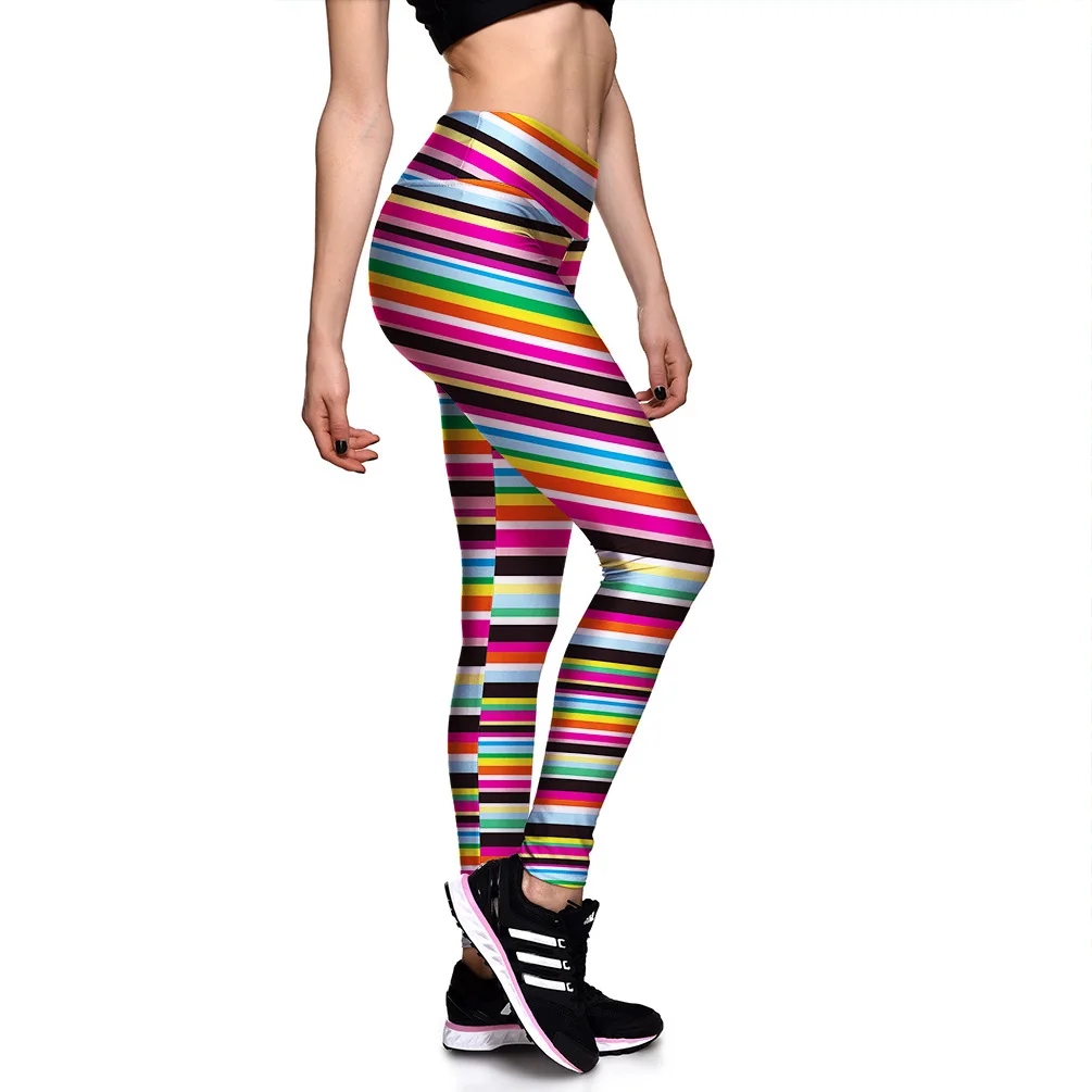 Vrouw Brede Riem Legging Regenboog Kleur Strepen Bedrukt Casual Legging S M 2xl 1148