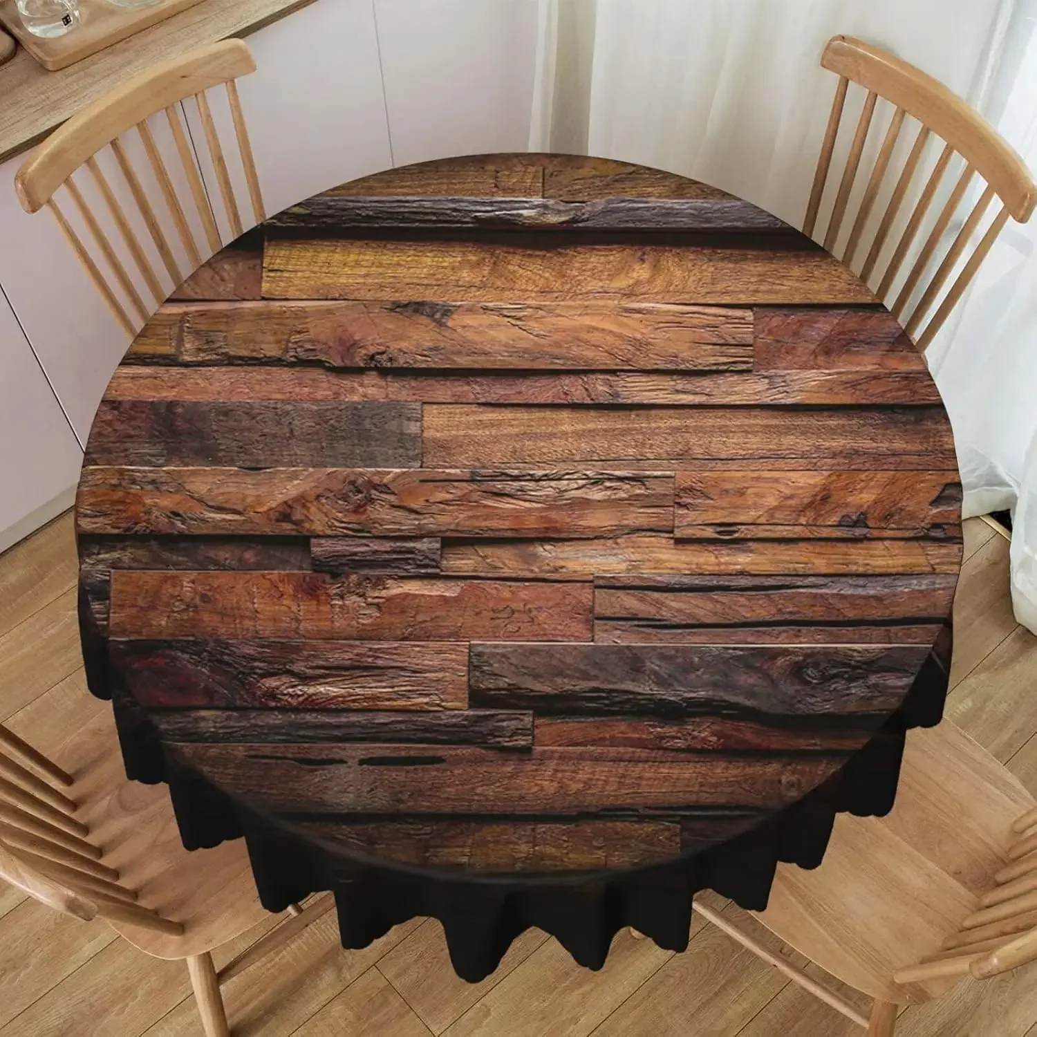 Rustic Farmhouse Dark Wood Circle Tablecloth - Vintage Natural Wooden Board Washable Party Dining Cover