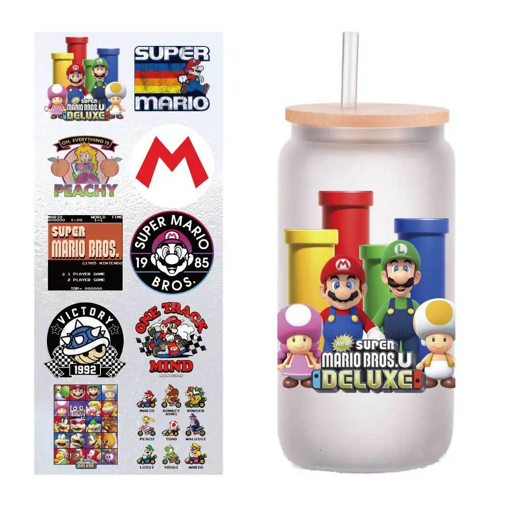 

10 sheets of four-inch Mario cartoon UV transfer stickers crystal label pen cup sticker customization