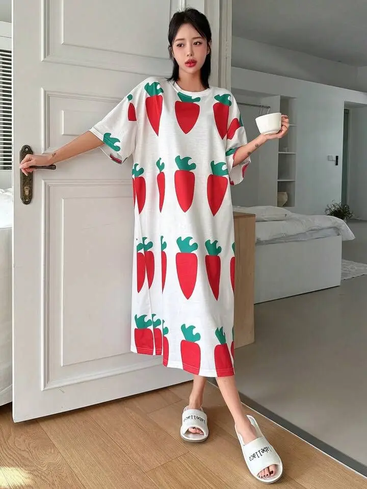 

New Women's Short-sleeved Dress Carrot Pattern Printed Women's and Girls Pajamas Casual Simple and Comfortable Home Pajamas