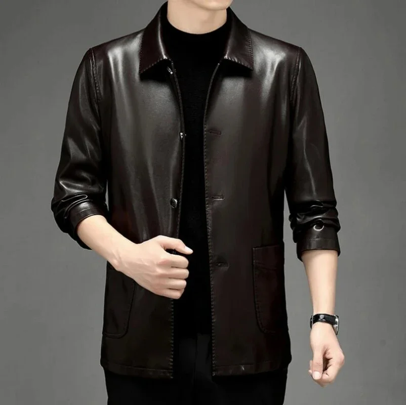 

Autumn Spring Men's Leather Suit New Button Lapel Casual Young and Middle-Aged Jacket Coat Trench Coats