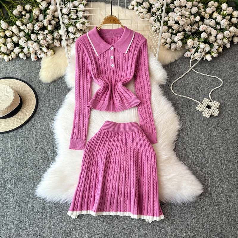 REALEFT Autumn Winter 2 Pieces Women\'s Sets Knitted Tracksuit Polo Collar Sweater and A-line Skater Skirts Suits 2024 New