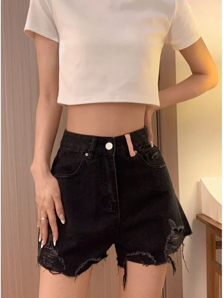 Moda Y2k, pantalones cortos vaqueros acampanados de cintura alta para mujer, pantalones vaqueros holgados de primavera para mujer, pantalones vaqueros ajustados a la moda básicos informales elegantes para mujer