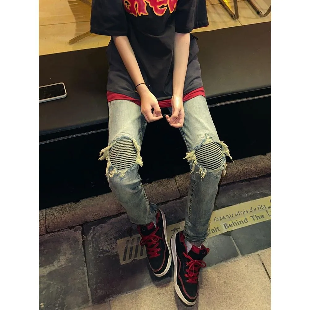 Calça Jeans Slim Fit Estilo High Street com Efeito Rasgado Masculina e Fena Casual de Corte Reto em Aodão e Poliéster p...