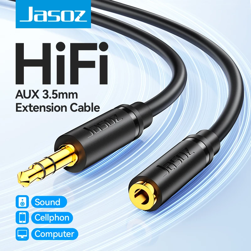 Jasoz 3,5 mm audioverlengkabel, 3,5 mm aux-stekker, mannelijk naar vrouwelijk, voor headset, hoofdtelefoon, luidspreker, smartphone, laptop, tv.