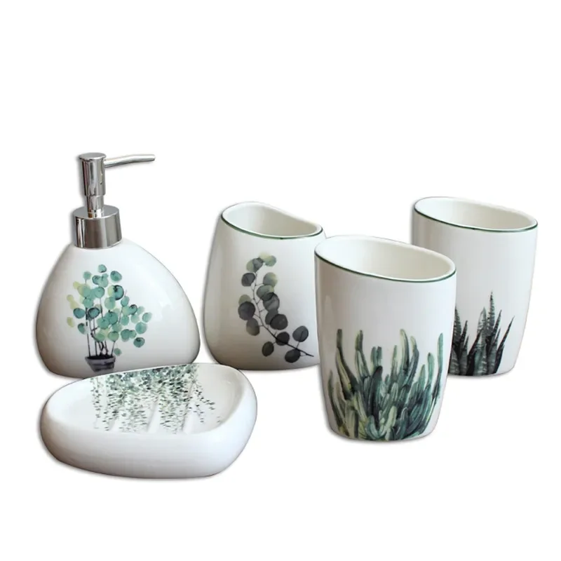 European Green Plant Ceramic Bathroom Supplies Simple Five-piece Wedding Wash Set Toothbrush Holder Lotion Bottle Melamine Tray