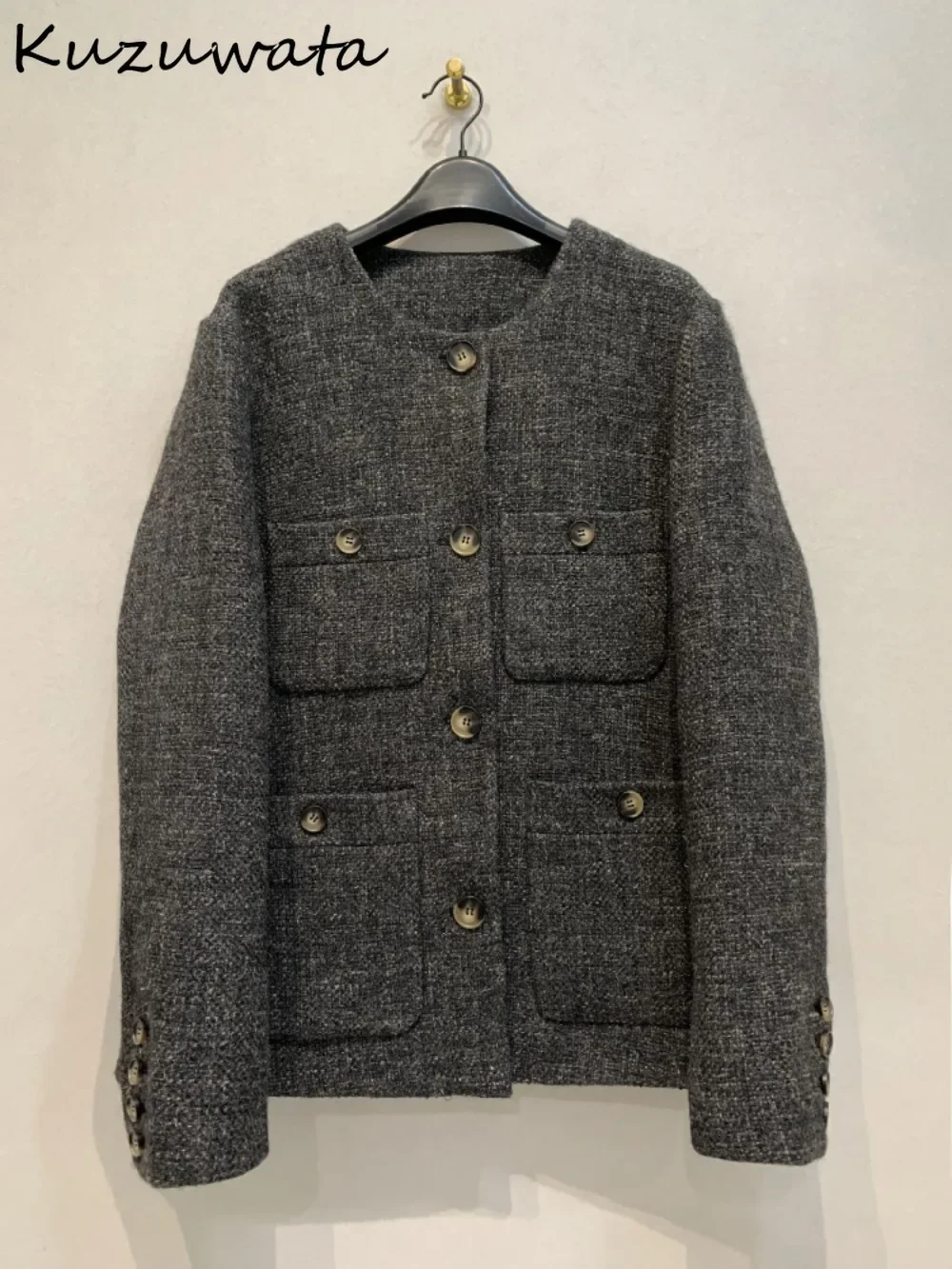 Kuzuwata New Moda Simple French Style Coat Casual Loose Tweed Slim Small Fragrance Jacket Japan Vintage Single Breasted Outwears