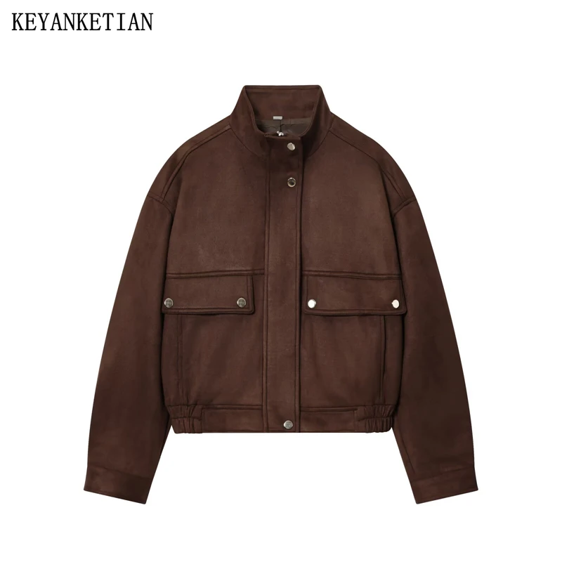 

KEYANKETIAN осенне-зимняя новая женская замшевая куртка-пилот с воротником-стойкой и карманами, женское свободное пальто