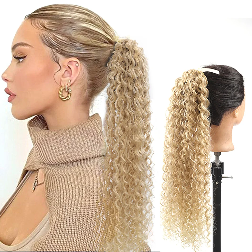 Xnaira 24 Inch Long Curly Ponytail Hair Extension Synthetic Heat Resistant Drawstring Wave Pony Tail Hairpieces for Women