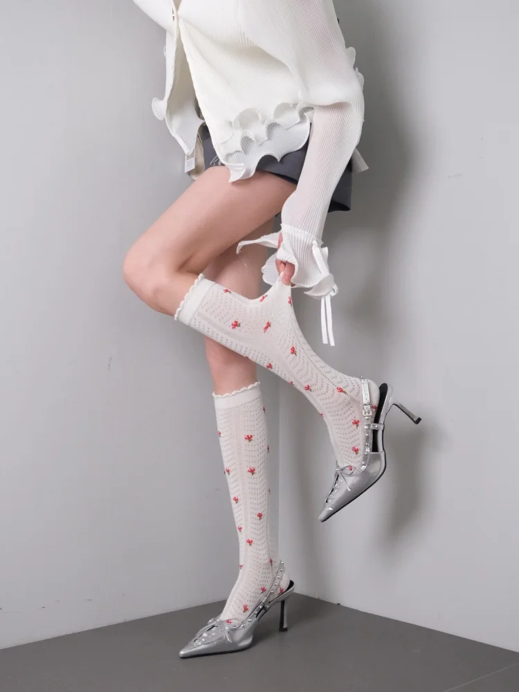 meias-elegantes-de-trico-ate-o-joelho-para-piquenique-de-fim-de-semana-design-floral-de-renda-primavera-verao-algodao-branco-com-malha-comprimento-ate-o-tornozelo
