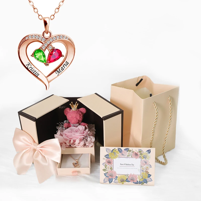 

Ожерелья с подвеской в форме сердца и циркона с милой двойной дверью, подарочная коробка с медведем, подходит для женщин, подруги, Дня матери, романтические украшения