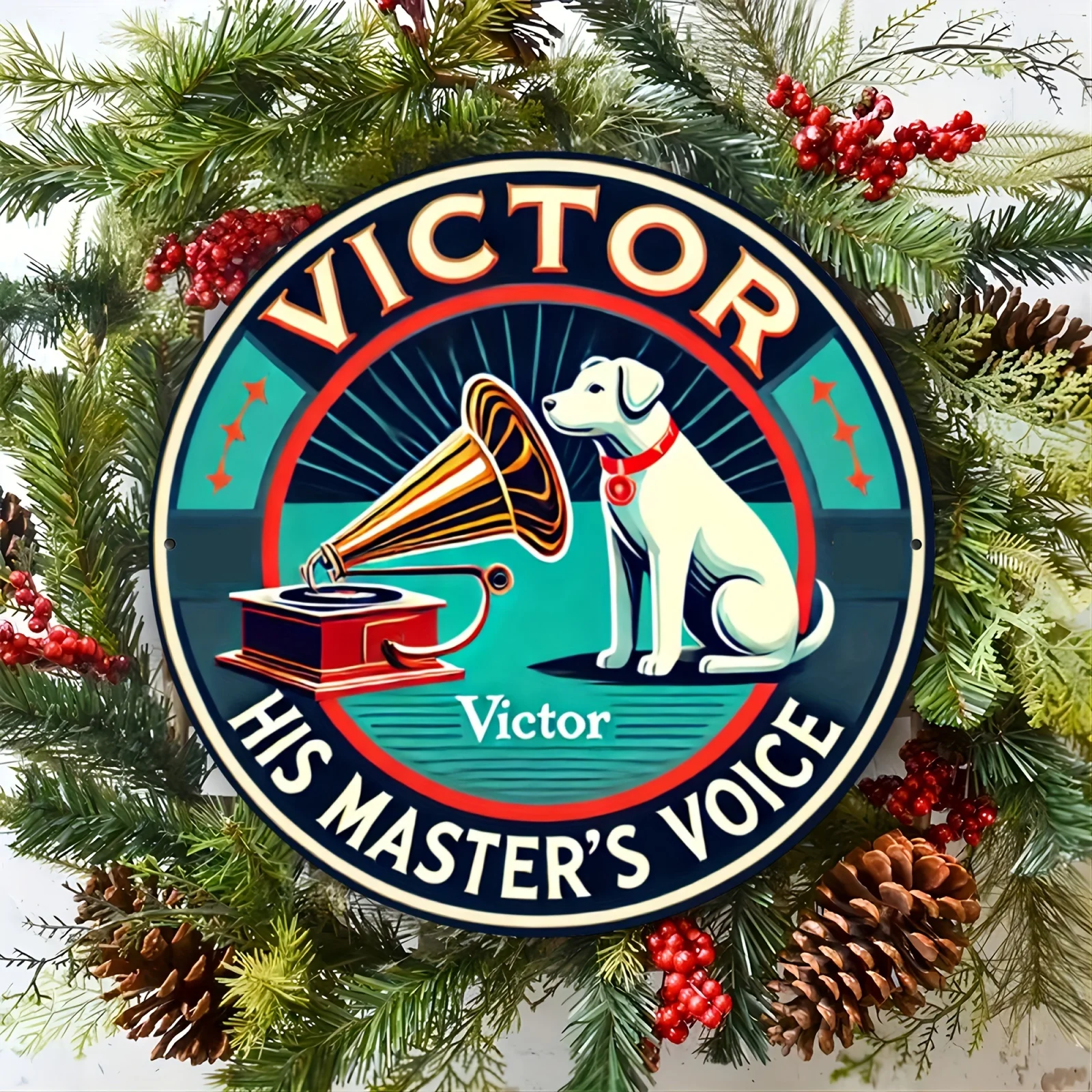 1pc Victor His Master's Voice Round Aluminum Sign - Vintage Dog and Gramophone Metal Wall Art, Reusable 8x8 Inch Decor for Home,