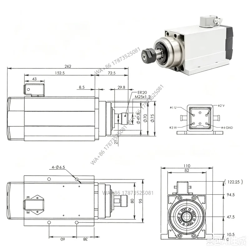 G-Penny 1.5KW Square Air Cooled Spindle ER20 4 Bearings Mounting Flange 300Hz Fan Cooling +1.5KW VFD CNC Router Wood PCB