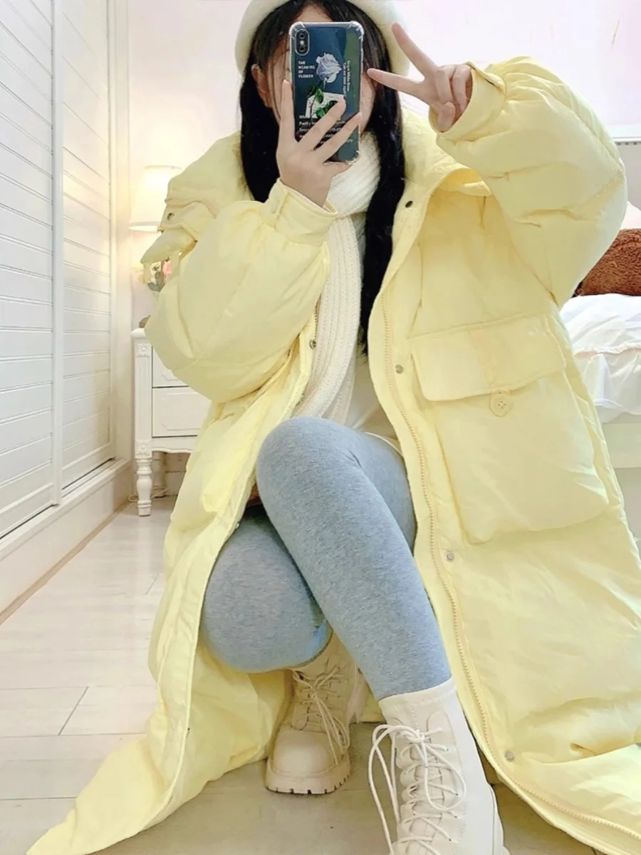 Thickened Yellow down Cotton Jacket Women's Winter Coat Medium-Length Retro Zipper Closure Long Sleeve Loose Fit Outerwear