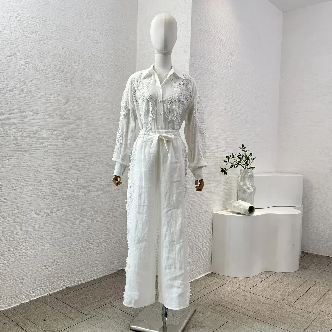 

Spring Summer Re-tro Women New Design White Lace Patchwork Hook Floral Hollow Long Sleeve Ramie Blouse Tops and Linen Pants Set