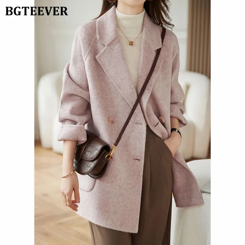 BGTEEVER Autumn Winter Thicken Female Woolen Coats Elegant Long Sleeve Pockets Warm Female Jackets