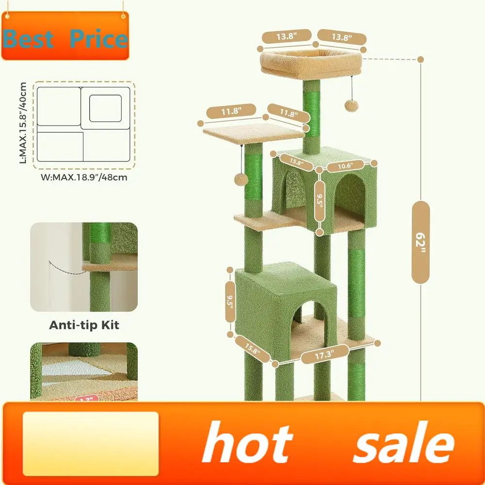 Promoción: Árbol para Gatos de 62 Pulgadas de Alto con 2 Plataformas, 4 Postes Rascadores, 2 Condominios, Tabla Rascadora y 2 Pelotas Colgantes
