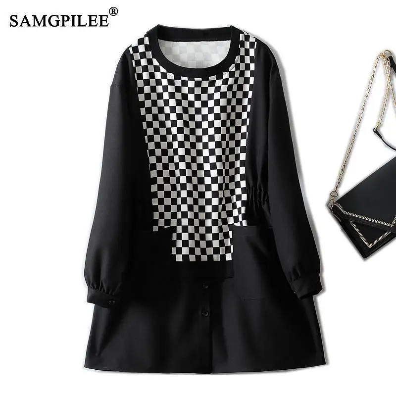 

SAMGPILEE Oversized T-shirt Spring 2022 New Fashion Casual Space Cotton Female Clothing Full Sleeve Plaid Retro Top Women