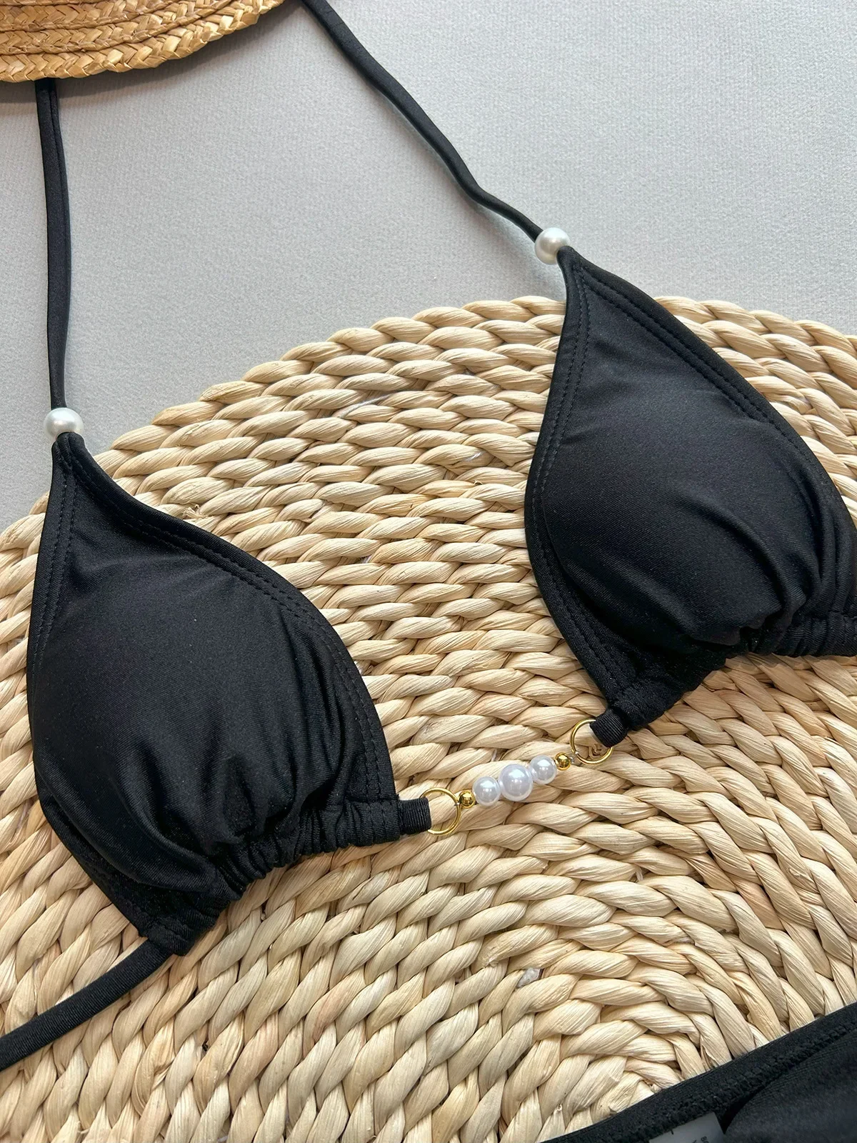 Set bikini sexy a vita alta con perle nere 2025 Reggiseno push up da donna con scollo all'americana Costume da bagno a due pezzi Costume da bagno da spiaggia