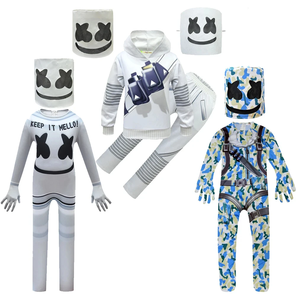 Kids Halloween Costume Boys Marshmello DJ Mask Interesting Jumpsuit Headgear Hoodies Suit Music Christmas Party Costume for Kids