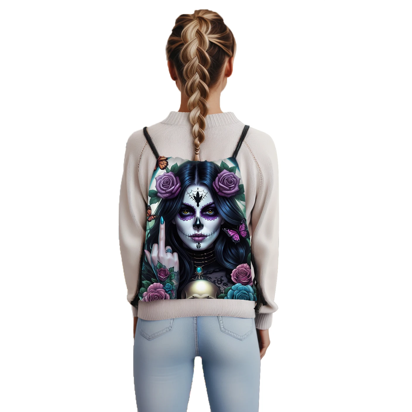 Funny Grim Reaper Skull Middle Finger Pattern Backpack Drawstring Bags Day Pack Shoes Holder Witch School Bags Bookbag