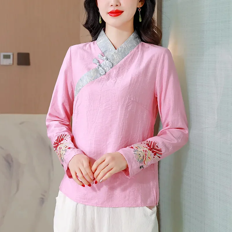 Spring Summer Chinoiserie Shirt 2024 New Coil Buckle Stand-Up Collar Women's Clothes Pullover Fashion Embroidery Blouse Female