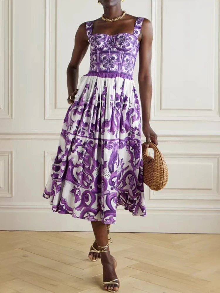 Retro-geometrisches Print-Kleid mit sexy Trägern, trägerloses Kleid, Sommer 2026, Damenmode, plissierter, hochtaillierter, lockerer, bauschiger Rock