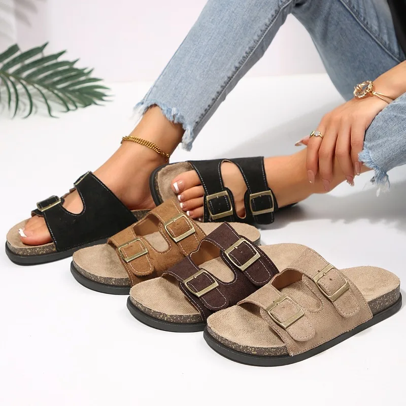 Summer Casual Double Buckle Strap Women's Slippers 2026 New Fashion Round Toe Soft Soled Comfort Women Shoes Мюли Женские