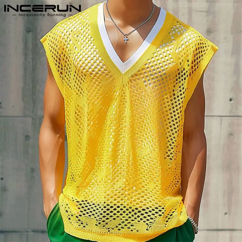 INCERUN Men Tank Tops Mesh Transparent Summer V Neck Sleeveless Casual Male Vests Streetwear 2024 Loose Fashion Men Clothing