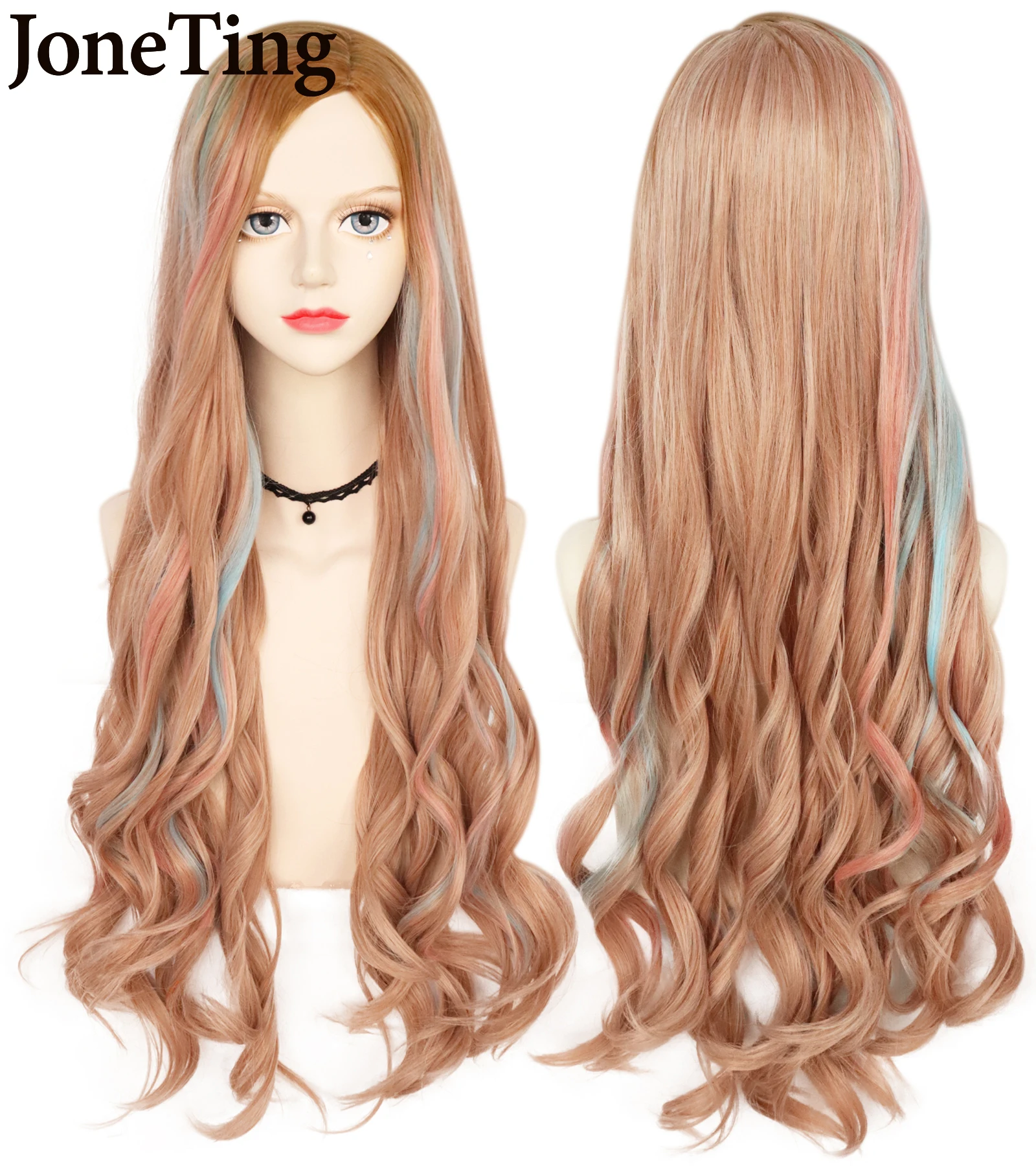 

JTSynthetic 26inch Pink Rainbow Body Wave Cosplay Wig with Bangs Anime Lolita Wig Heat Resistant Wig Hallowen Party Free Wig Cap