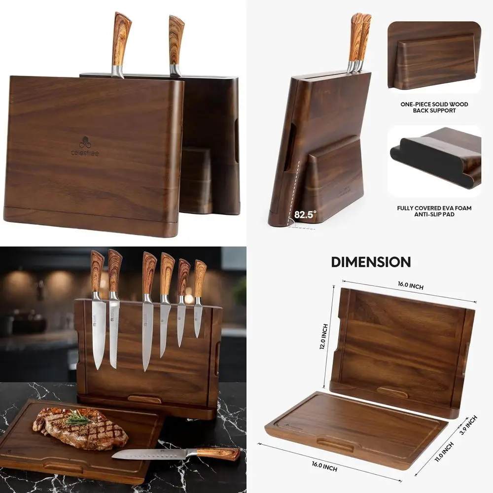 

Premium Rain Wood Magnetic Knife Block and Cutting Board Combo for Large Kitchens - Strong, Space-Saving, and Safe