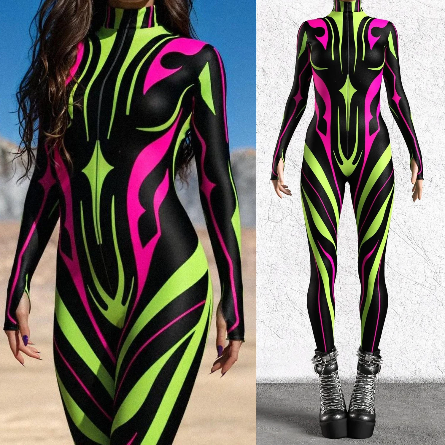 Women Fancy Bodysuit Cosplay Halloween 3D Printed Jumpsuit Sexy Zentai Art Style for Halloween Party Jumpsuits Adult Bodycon