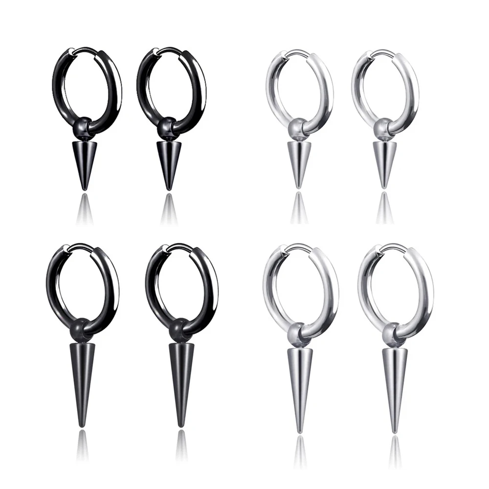 2pcs Rock Cone Pendant Hoop Earrings Female Men Stainless Steel Geometric Cartilage Single Earring Hip Hop Piercing Jewelry