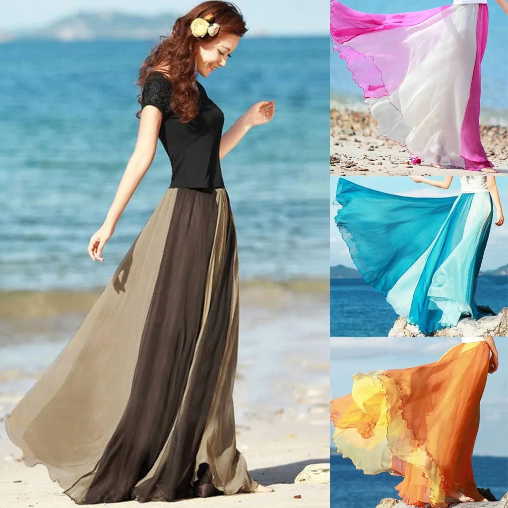 

Elegant Long Maxi Skirts Summer Beach Fashion Women Full Circle Skirt Flowing Color Matching Chiffon Bohemian Skirts Jupe femme