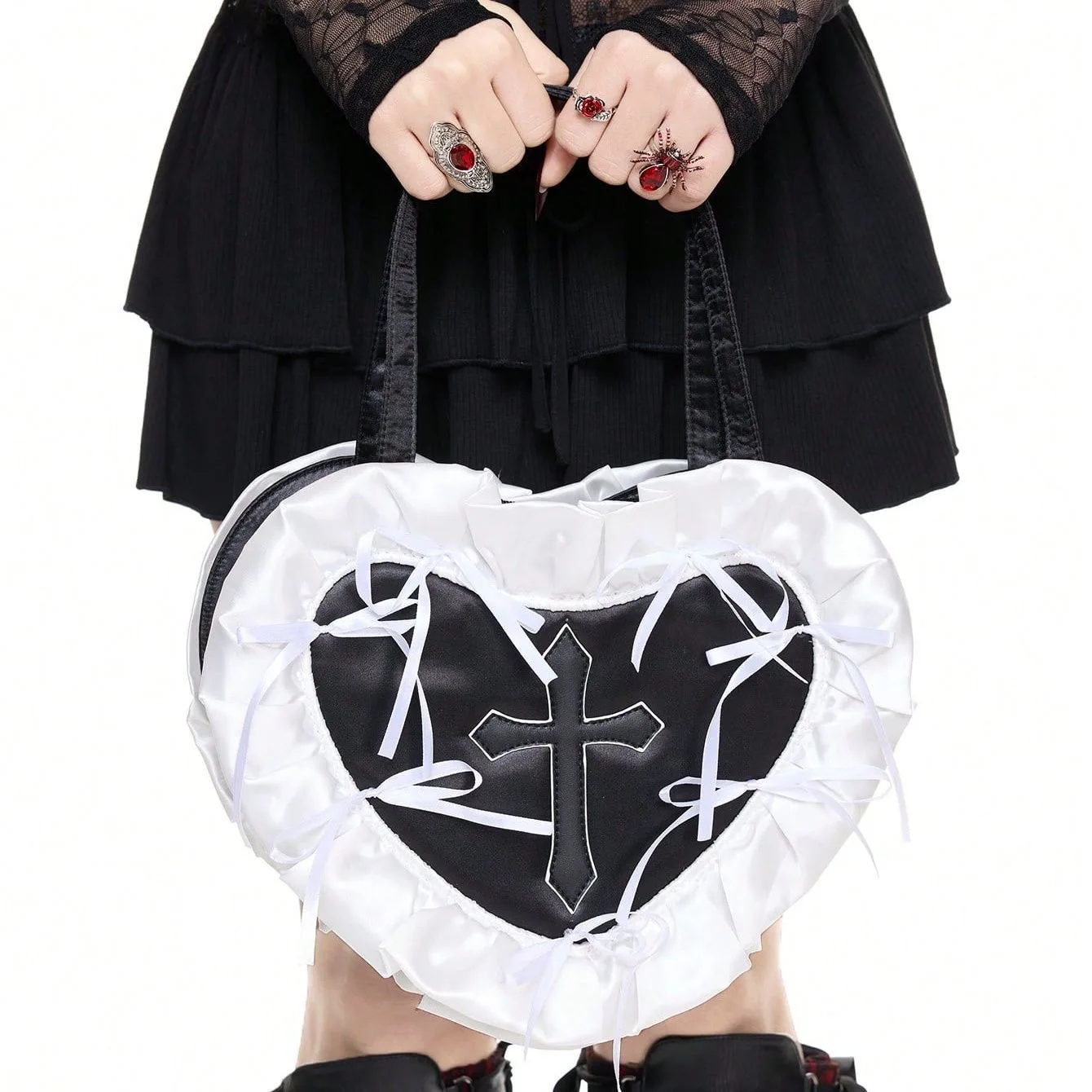 

Women's Handbag College Bags Heart Y2K Bags Lolita Designer Bag Punk Style Black and White Bag Woman Gothic Handbag