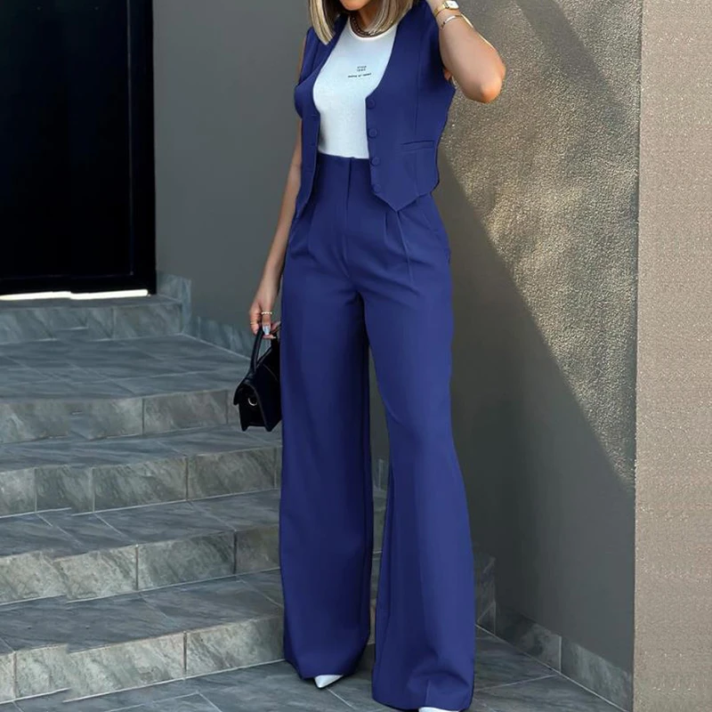 Casual Office Lady Solid New Spring Sleeveless Outfits Women Elegant V Neck Single-breasted Waistcoat Tops&High Waist Pants Set