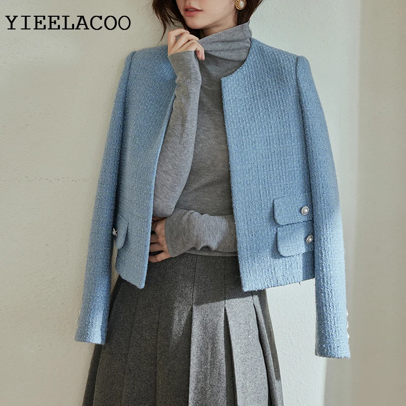 

Women's Coat Blue Small Fragrance Short Tweed Jacket 2022 New Spring and Autumn Double Breasted Crewneck Top