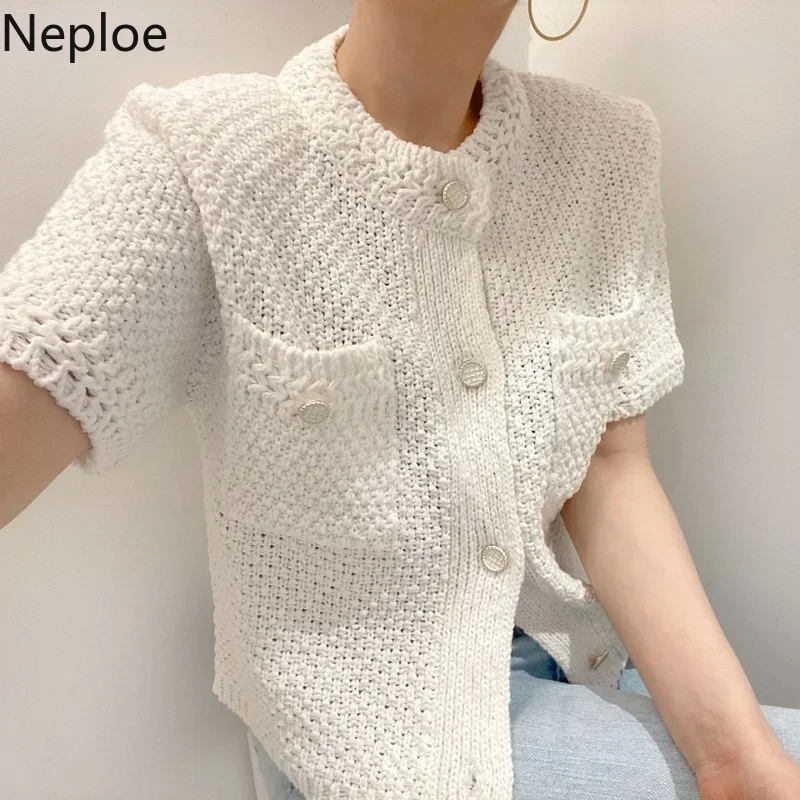 Neploe Korean Cardigan Women Clothing Short Sleeve Single Breasted Sweater O Neck Knit Black Tops 2023 Fashion White Coat Femme