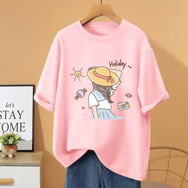 

Summer Sweet Loose Casual T-shirt, 100% Cotton Vintage Short Sleeve Top Tee, Women Clothing Cartoon Printed Basic Pullovers