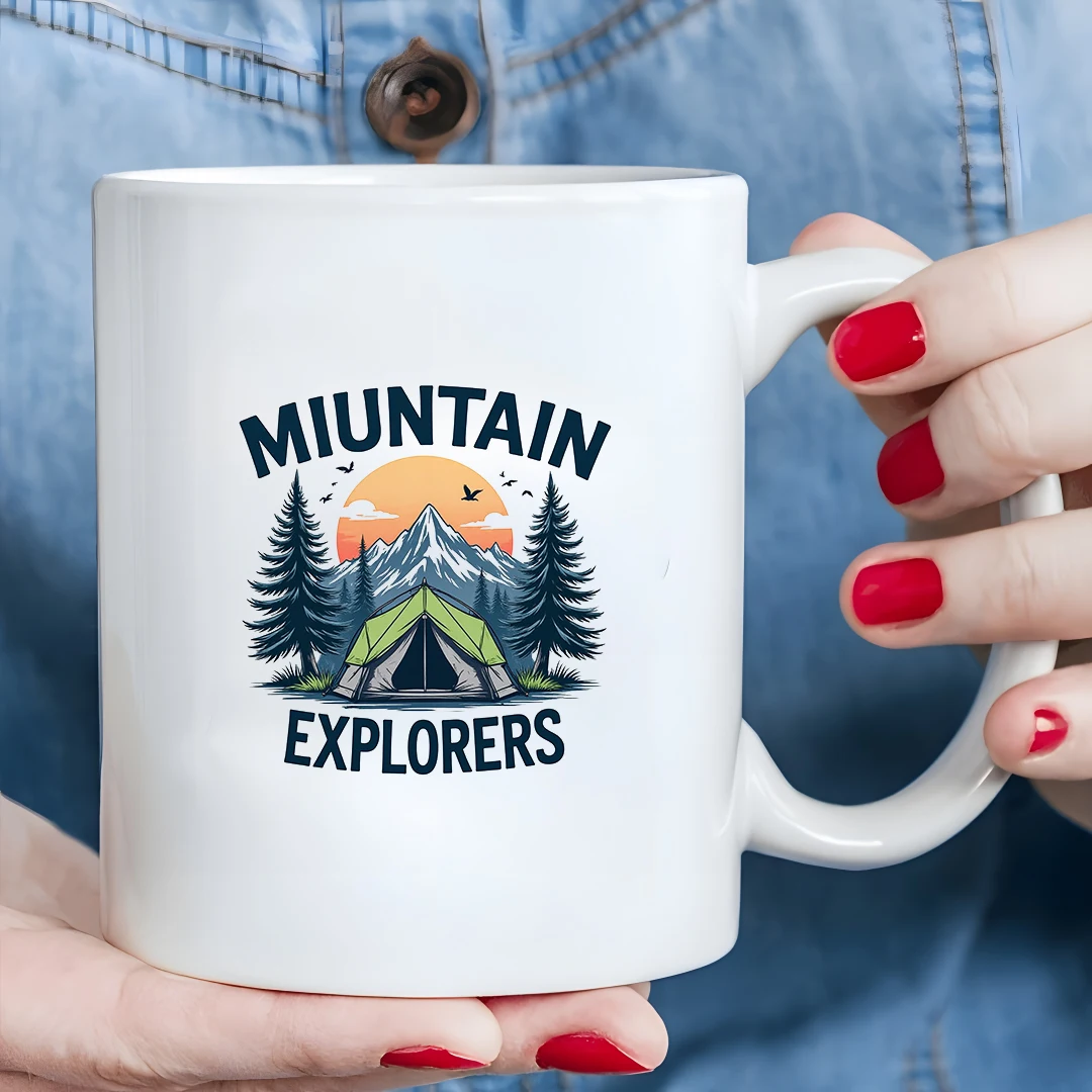 

11oz Outdoor Adventure Cup + Cartoon Snowy Mountain Tent + Pine Tree Bird Pattern Christmas Gift Family Office Cup