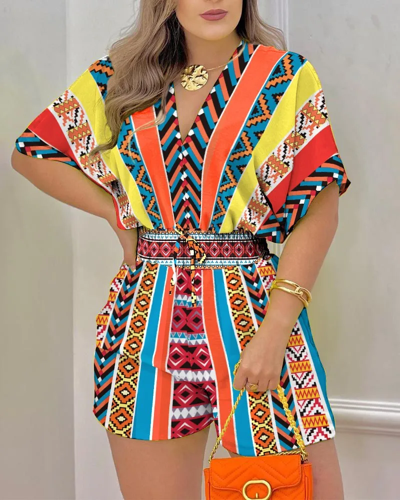 Summer New European and American Women's Fashion Trendy Ladies Gradient Color V-Neck Sash Bodysuit Loose Soft Short Slee