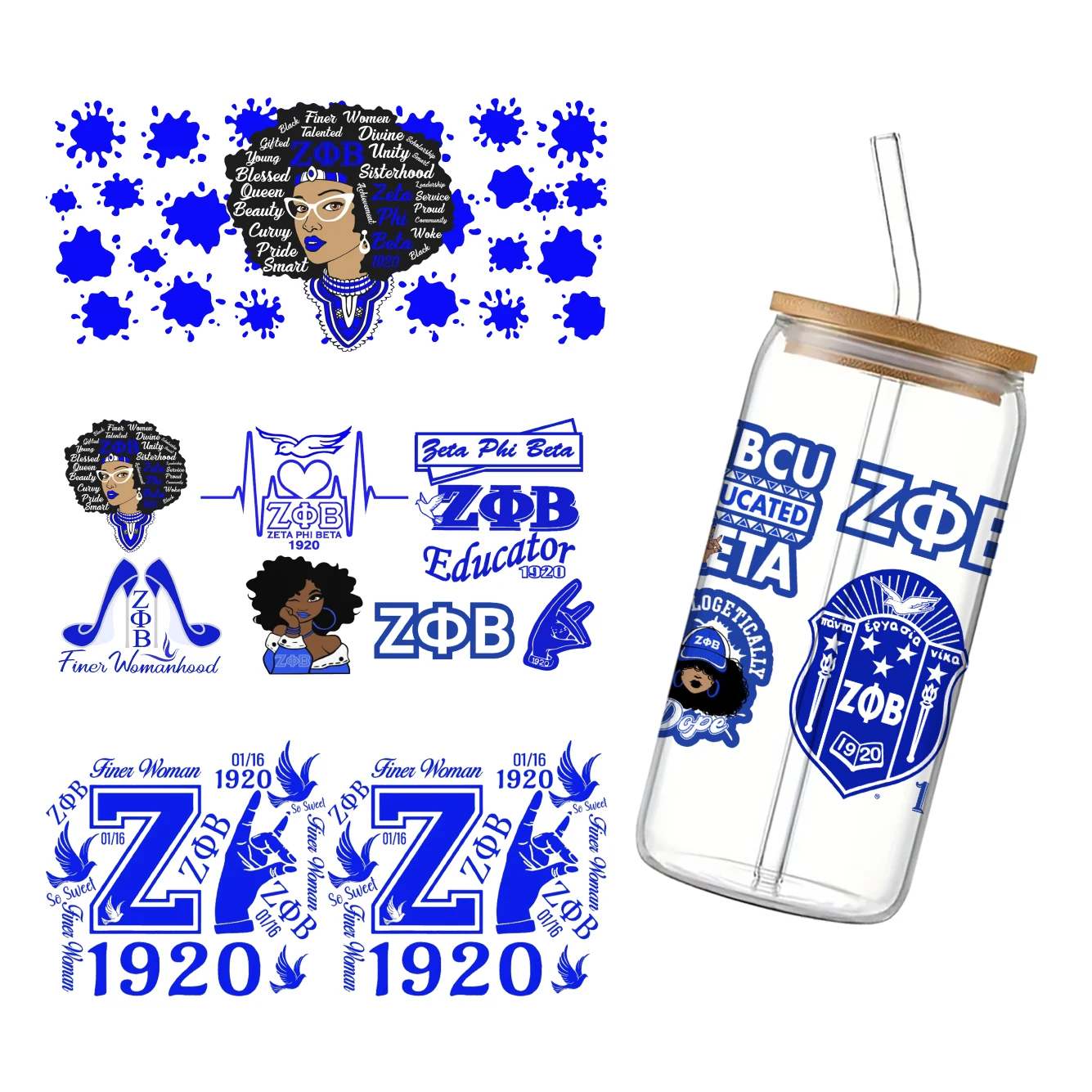 Zeta Phi Beta Sorority 11*24cm UV DTF Wrap Transfer Sticker fai da te per 16oz Libbey Glass Cup decalcomanie impermeabili adesivo per tazza di caffè