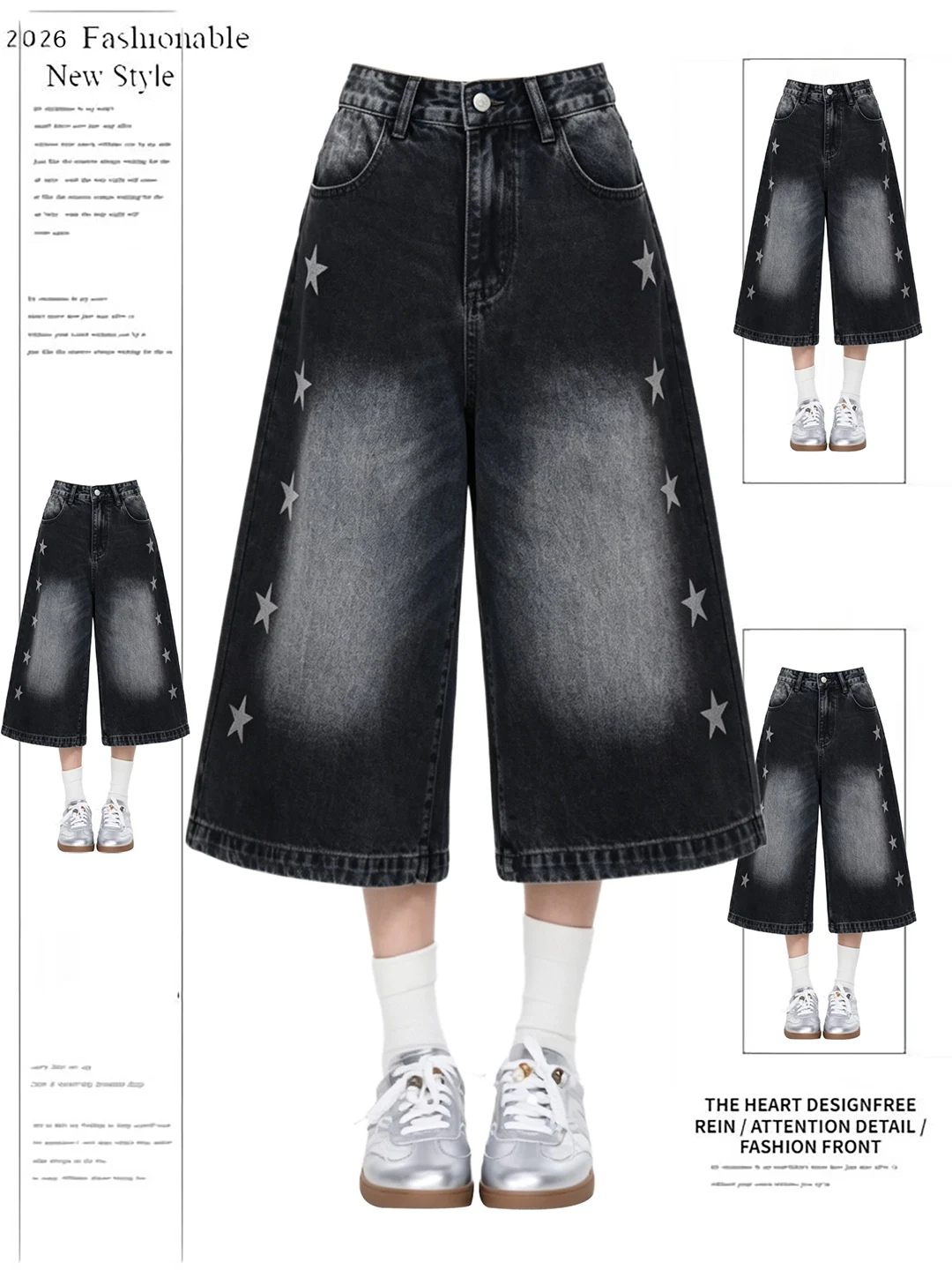 

Retro American Star Print Black Denim Seven-Foot Pants Women Summer Design Y2K Loose High Waist Wide Leg Short Jeans