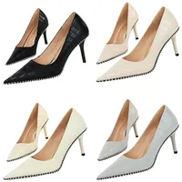 Women 8cm 10.5cm High Heels Metal Bead Rivet Pumps Sexy Club Scarpins Party Kitten Low Heels Lady Gray Retro Pointed Toe Shoes