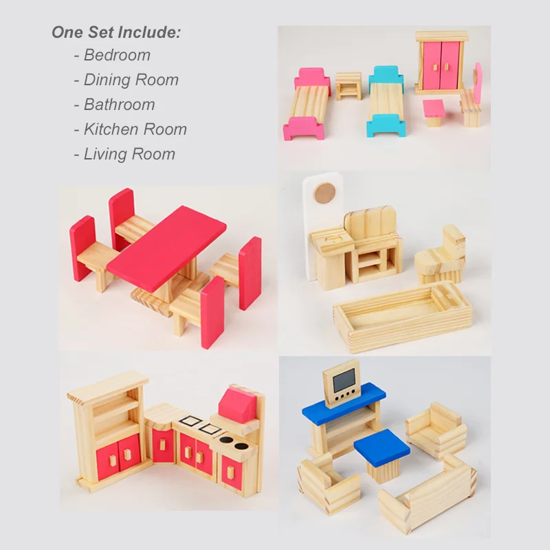 Wooden Miniature Dollhouse Furniture Accessories Kit Pretend Play Living Room Bedroom Dining Kitchen Bathroom Imitation Game